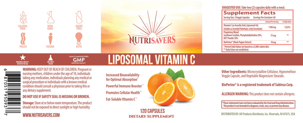 NUTRISAVERS LIPOSOMAL ASCORBIC ACID VITAMIN C 120CT, 240CT - Premium  from California Essentials - Just $20.98! Shop now at Shop A Positive You