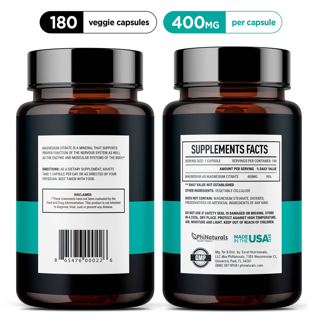 Magnesium Citrate 400mg Supplement - Premium Dietary Supplement from Excel Nutritionals LLC DBA Phi Naturals - Just $14.99! Shop now at Shop A Positive You