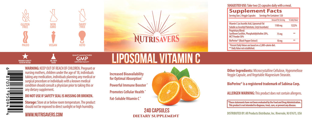 NUTRISAVERS LIPOSOMAL ASCORBIC ACID VITAMIN C 120CT, 240CT - Premium  from California Essentials - Just $20.98! Shop now at Shop A Positive You