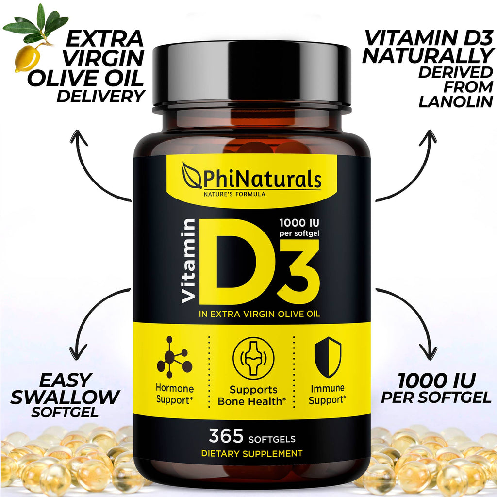 Vitamin D3 1000 IU (365 Softgels) - Premium  from Excel Nutritionals LLC DBA Phi Naturals - Just $14.99! Shop now at Shop A Positive You